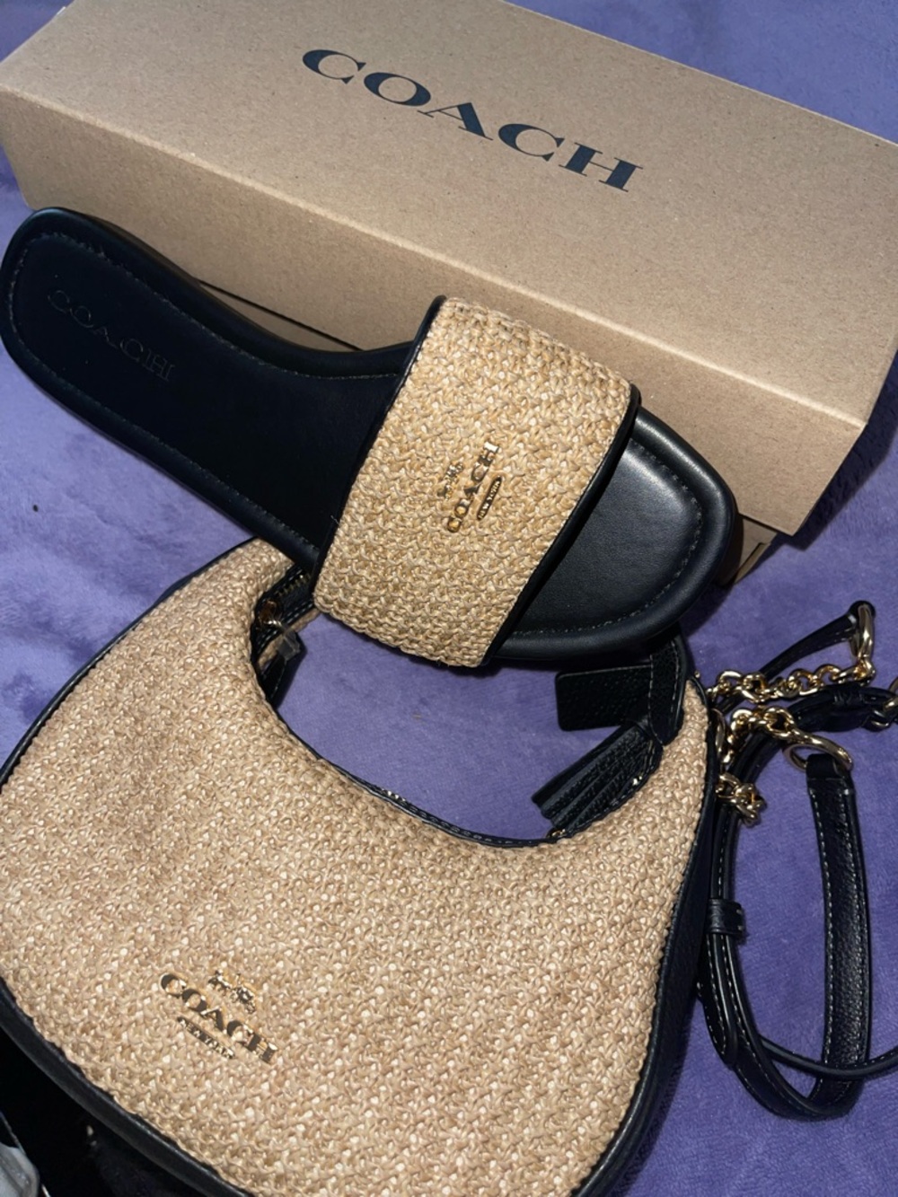 Coach Straw Shoulder Bag with Black Trim And Coach size 8 Sandals SOLD TOGETHER